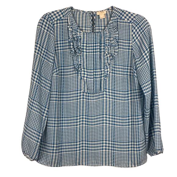 J CREW Houndstooth Plaid Ruffle Front Bib Shirt Top Teal  Blue White sz 2 - Picture 1 of 9